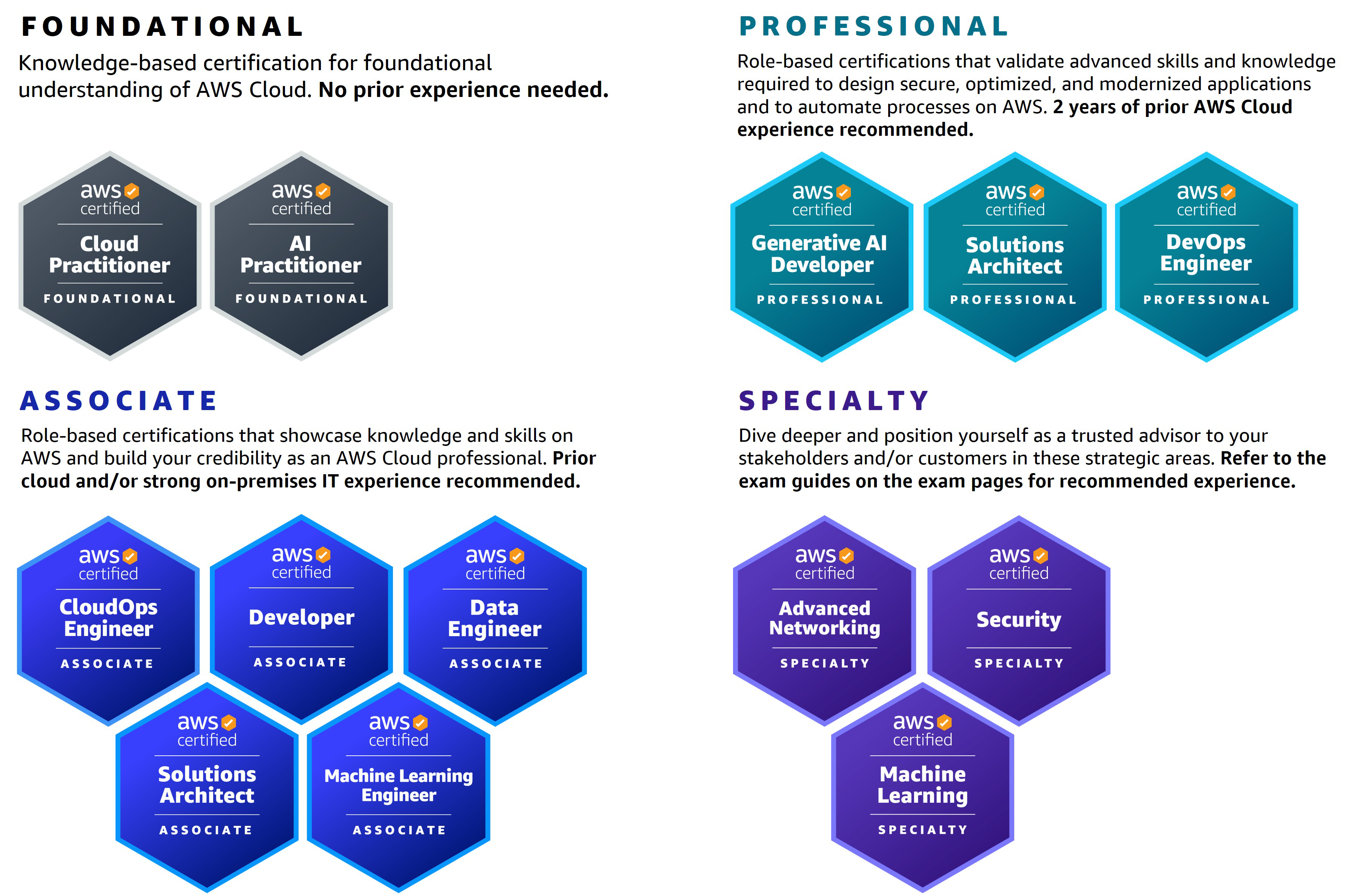 13 AWS Certification badges for Foundational, Associate, Professional and Specialty AWS Certifications