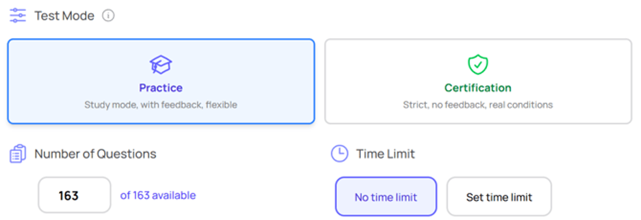 Test mode: Screen shot that shows different modes - Practice or Certification. Shows number of questions and time limit