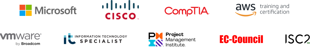 Image displaying a collection of company logos, including Microsoft, ITIL, CompTIA, AWS, CertNexus, Adobe, Red Hat, ISC2, Cisco, VMware, Information Technology Specialist, Project Management Institute and EC-Council