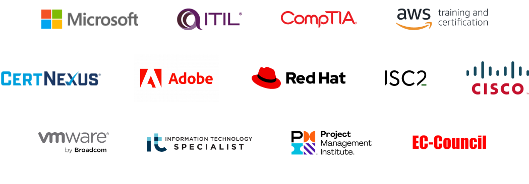 Image displaying a collection of company logos, including Microsoft, ITIL, CompTIA, AWS, CertNexus, Adobe, Red Hat, ISC2, Cisco, VMware, Information Technology Specialist, Project Management Institute and EC-Council