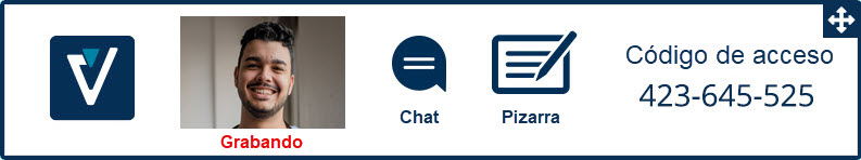 Barra de herramientas de OnVUE con chat, pizarra y número de código de acceso mostrado